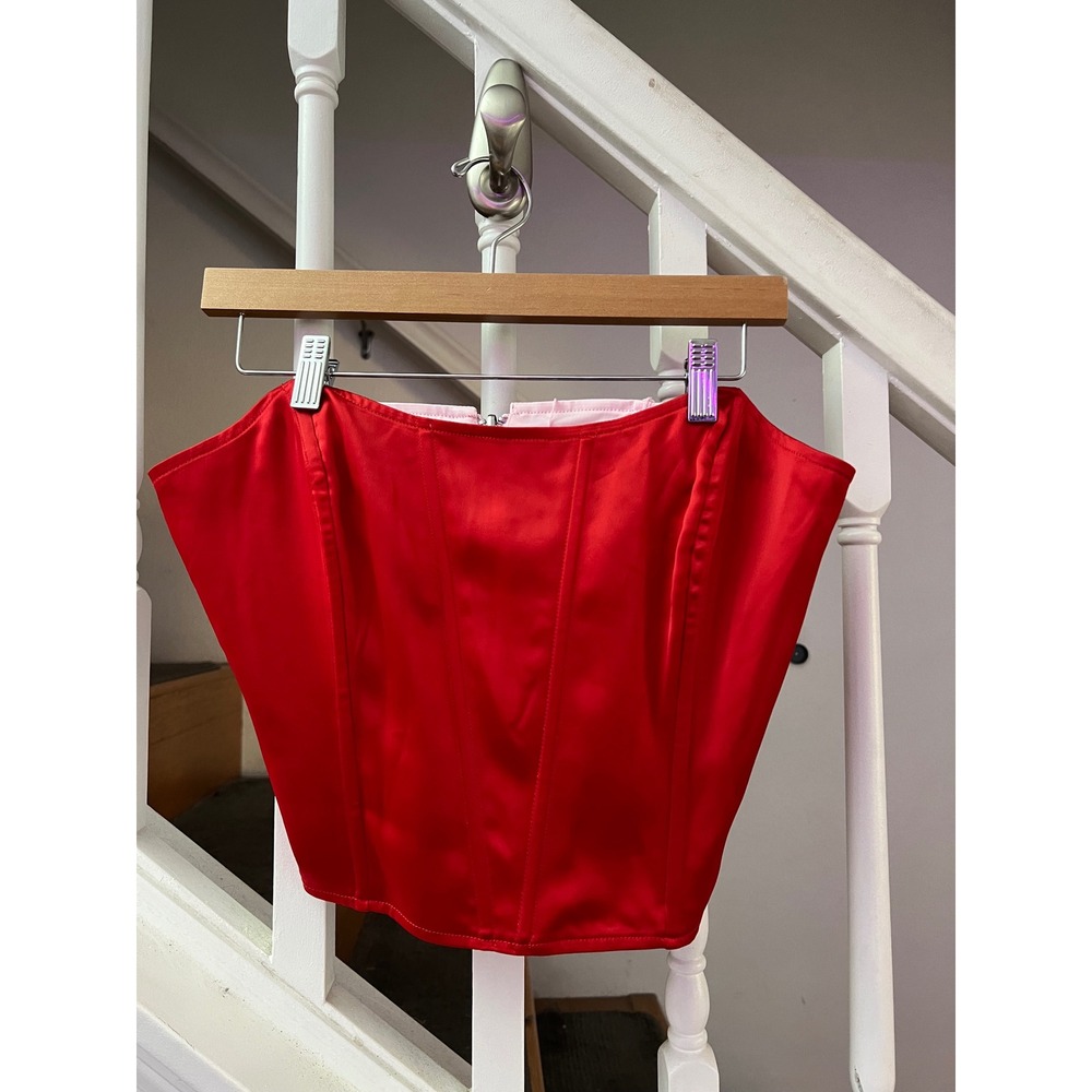 Johnny Wujek Red Pink‎ Satin Corset Top Strapless Zip Back NWT